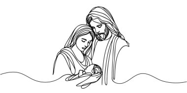 Sürekli bir satır Hristiyan İsa 'nın Meryem ve Yusuf' la birlikte doğduğu Noel vektörü sahnesi. Beytüllahim sahnesi.