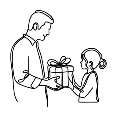Sürekli çizilen bir çizimde baba kızına hediye veriyor, çocuk doğum günü partisi konsepti, bir çizgi çiziyor.