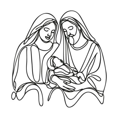 Sürekli bir satır Hristiyan İsa 'nın Meryem ve Yusuf' la birlikte doğduğu Noel vektörü sahnesi. Beytüllahim sahnesi.