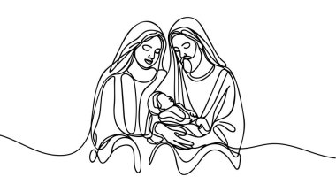 Sürekli bir satır Hristiyan İsa 'nın Meryem ve Yusuf' la birlikte doğduğu Noel vektörü sahnesi. Beytüllahim sahnesi.