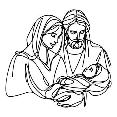 Sürekli bir satır Hristiyan İsa 'nın Meryem ve Yusuf' la birlikte doğduğu Noel vektörü sahnesi. Beytüllahim sahnesi.