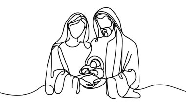 Sürekli bir satır Hristiyan İsa 'nın Meryem ve Yusuf' la birlikte doğduğu Noel vektörü sahnesi. Beytüllahim sahnesi.