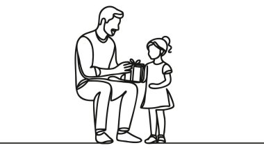 Sürekli çizilen bir çizimde baba kızına hediye veriyor, çocuk doğum günü partisi konsepti, bir çizgi çiziyor.