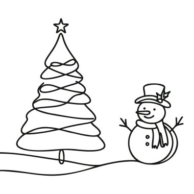 Aralıksız bir sıra Noel ağacı ve eşarplı şapkalı kardan adam çizimi. Çizgi vektör illüstrasyonu
