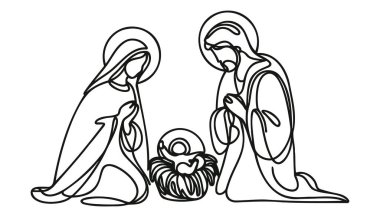Sürekli bir satır Hristiyan İsa 'nın Meryem ve Yusuf' la birlikte doğduğu Noel vektörü sahnesi. Beytüllahim sahnesi