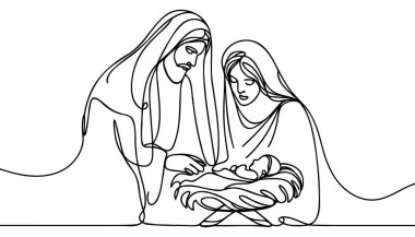 Sürekli bir satır Hristiyan İsa 'nın Meryem ve Yusuf' la birlikte doğduğu Noel vektörü sahnesi. Beytüllahim sahnesi