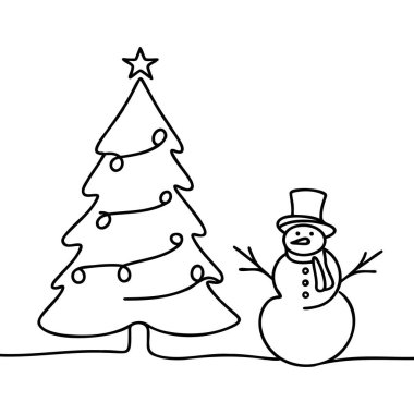 Aralıksız bir sıra Noel ağacı ve eşarplı şapkalı kardan adam çizimi. Çizgi vektör illüstrasyonu