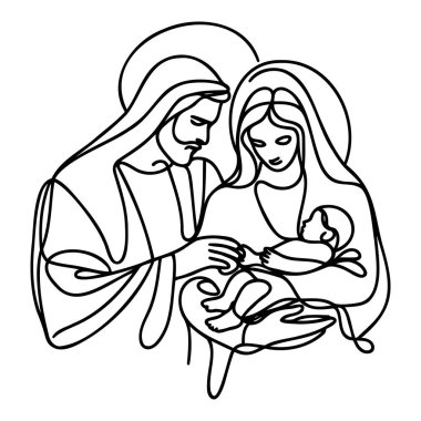 Sürekli bir satır Hristiyan İsa 'nın Meryem ve Yusuf' la birlikte doğduğu Noel vektörü sahnesi. Beytüllahim sahnesi
