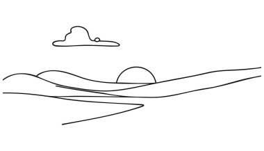 Ufuk çizgisinde gün batımı, düz güneş manzarası tek bir çizgide çekilmiş arka plan.