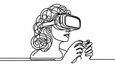 Sanal gerçeklik gözlüğü takan bir kadın. Meta evren konsepti. Devamlı bir çizgi. El çizimi. Bir satır. çizgi sanatı. Logo tasarımı. Vektör. resimleme.