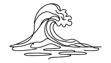 Devamlı bir deniz dalgası çizimi. Modern soyut deniz manzarası ve basit doğrusal sörf kulübü konsepti. Doodle vektör illüstrasyonu.