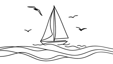 Yatın durmaksızın çizilmesi. Soyut yelkenli silueti. Tasarımının şablonu işe yarıyor. Vektör illüstrasyonu