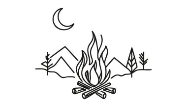 Bon fire tek çizgi sanatı, izole edilmiş dış hat vektörünün sürekli tek çizgi çizimi.