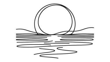 Deniz kıyısındaki güneş, sürekli siyah bir çizgi, gün batımı ve gündoğumu ana hatları. Bir çizgi. Vektör illüstrasyonu.