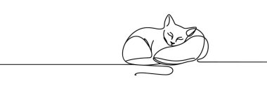 Güzel bir kedicik tatlı tatlı uyuyor. Sürekli bir çizgi. Tek bir satırla çizilmiş vektör illüstrasyonu