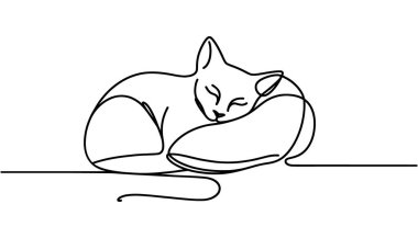 Güzel bir kedicik tatlı tatlı uyuyor. Sürekli bir çizgi. Tek bir satırla çizilmiş vektör illüstrasyonu