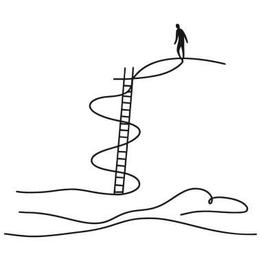 Tek sıra halinde merdivenlerde dikilen bir adam. Modern sürekli çizgi tasarımı, vektör illüstrasyonu.