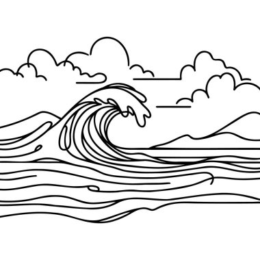 Devamlı bir deniz dalgası çizimi. Modern soyut deniz manzarası ve basit doğrusal sörf kulübü konsepti. Doodle vektör illüstrasyonu