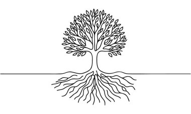 Tek sıra halinde ağaç. Kökleri olan bir ağacın sürekli çizgi çiziminin grafiksel vektör çizimi