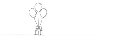 Devamlı bir çizgi çizerek hediye paketi ve balonlar. Düzenlenebilir satır