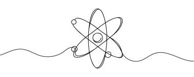 Atom molekülü sürekli bir çizgi dizaynı. Beyaz arkaplana çizilmiş dekoratif ögeler.