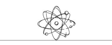 Atom molekülü sürekli bir çizgi dizaynı. Beyaz arkaplana çizilmiş dekoratif ögeler.
