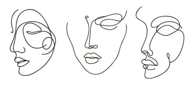 Kadın yüzünün minimalist silueti. Tek çizgi çizmeye devam et, beyaz arkaplan. Vektör