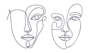 Kadın yüzünün minimalist silueti. Tek çizgi çizmeye devam et, beyaz arkaplan. Vektör
