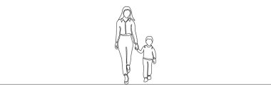 Anne ve küçük oğlu uzaklaşıyorlar. Devamlı çizgi çizimi. Çizgi sanatı tarzında siyah ve beyaz vektör illüstrasyonu