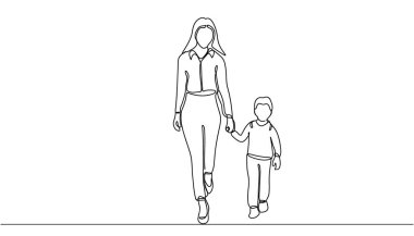 Anne ve küçük oğlu uzaklaşıyorlar. Devamlı çizgi çizimi. Çizgi sanatı tarzında siyah ve beyaz vektör illüstrasyonu