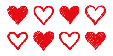 Beş kırmızı kalp vektör ikonu seti izole edildi. Kalp simgeleri. Kırmızı kalpler sembolü, aşk işareti, kalp atışı silueti, izole kalp resimleri. Vektör illüstrasyonu
