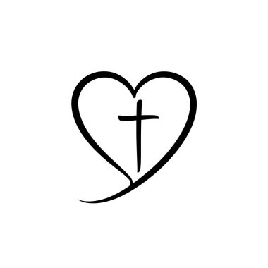 Beyaz Arkaplanda Cross yazan Vector Christian Logo Heart. İzole edilmiş El Çizimi Kaligrafi sembolü. Minimalist din simgesi.
