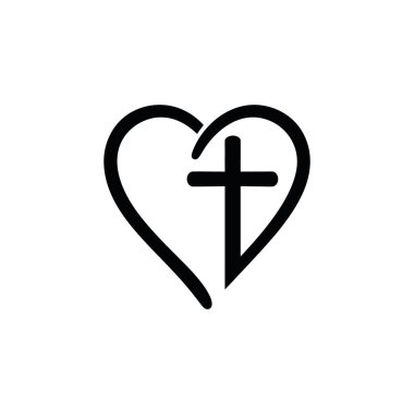 Beyaz Arkaplanda Cross yazan Vector Christian Logo Heart. İzole edilmiş El Çizimi Kaligrafi sembolü. Minimalist din simgesi.