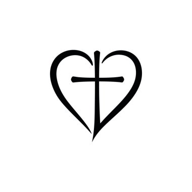Beyaz Arkaplanda Cross yazan Vector Christian Logo Heart. İzole edilmiş El Çizimi Kaligrafi sembolü. Minimalist din simgesi.