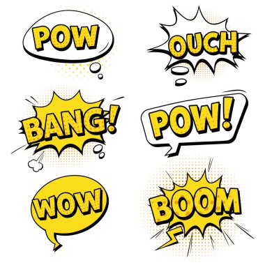 Arka planda izole edilmiş komik konuşma baloncukları. Sarı retro metin bulutlarının vektör çizimi.