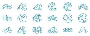 Su dalgası hattı. Deniz dalgaları simgeleri. Kıvrımlı ve kıvrımlı nehir sıvısının dekoratif ana hatları. Zigzag yatay deniz ve okyanus suyu elementleri beyaz arkaplan vektörü üzerinde izole edildi