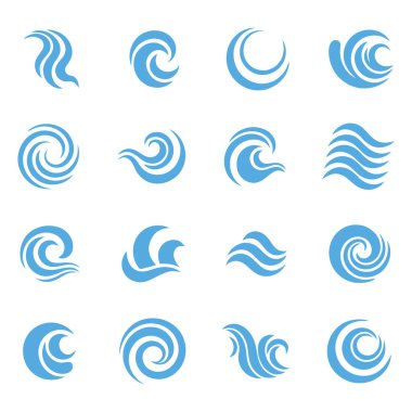 Mavi dalgalar ve su sıçramaları, hareket vektörü çizimlerindeki dalgalı doğa sembolleri..