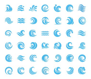 Mavi dalgalar ve su sıçramaları, hareket vektörü çizimlerindeki dalgalı doğa sembolleri..