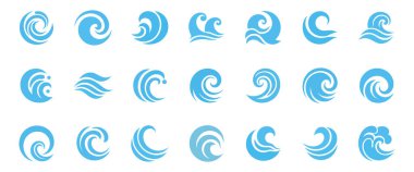 Mavi dalgalar ve su sıçramaları, hareket vektörü çizimlerindeki dalgalı doğa sembolleri..