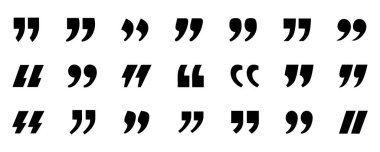 Değişik tipografik tasarımlar gösteren farklı siyah tırnak işaretleri koleksiyonu. Vektör illüstrasyonu