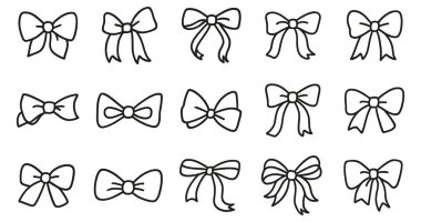 Fiyonk ve kurdele seti. Doğum günü, düğün, Noel, yeni yıl için hediye paketleme için eğil. Beyaz arkaplanda vektör illüstrasyonu.