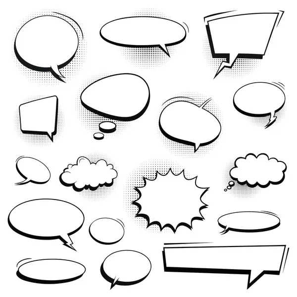 Eski boş çizgi roman baloncukları ve siyah yarım ton gölgeli elementler kümesi