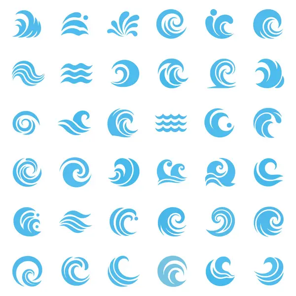 Mavi dalgalar ve su sıçramaları, hareket vektörü çizimlerindeki dalgalı doğa sembolleri..