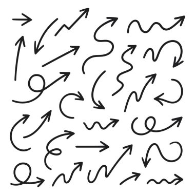 Vektör el çizilmiş ok simgeleri kümesi. Bir dizi siyah ok simgesi. Dairesel oklar, ok dönüşü, sembolü tekrarla