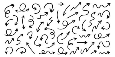 Vektör el çizilmiş ok simgeleri kümesi. Bir dizi siyah ok simgesi. Dairesel oklar, ok dönüşü, sembolü tekrarla