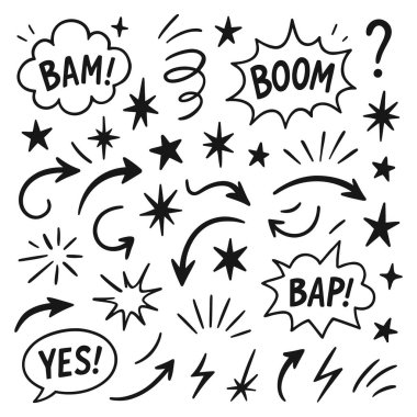 El yapımı çizgi roman bombaları ve patlamalar. Konuşma baloncukları ile pow, wow, bang ve boom. Vektör karalama çizimi.