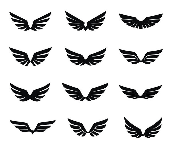 Set of black wings icons. Wings badges. Collection wings badges. Vector illustration.