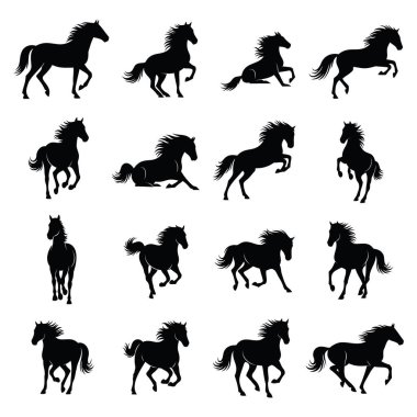 Bir dizi at silueti. Atlar koşuyor. şeffaf ana arkaplanda izole edildi