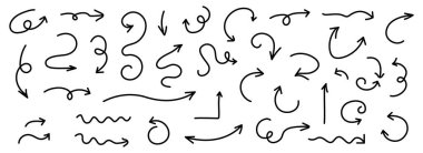 Vektör el çizilmiş ok simgeleri kümesi. Bir dizi siyah ok simgesi. Dairesel oklar, ok dönüşü, sembolü tekrarla