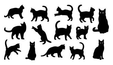 Beyaz arka planda siyah kedi siluetleri. Vektör illüstrasyonu